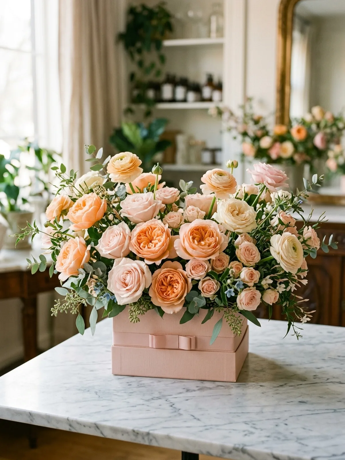 Mixed flower arrangement in a blush gift box