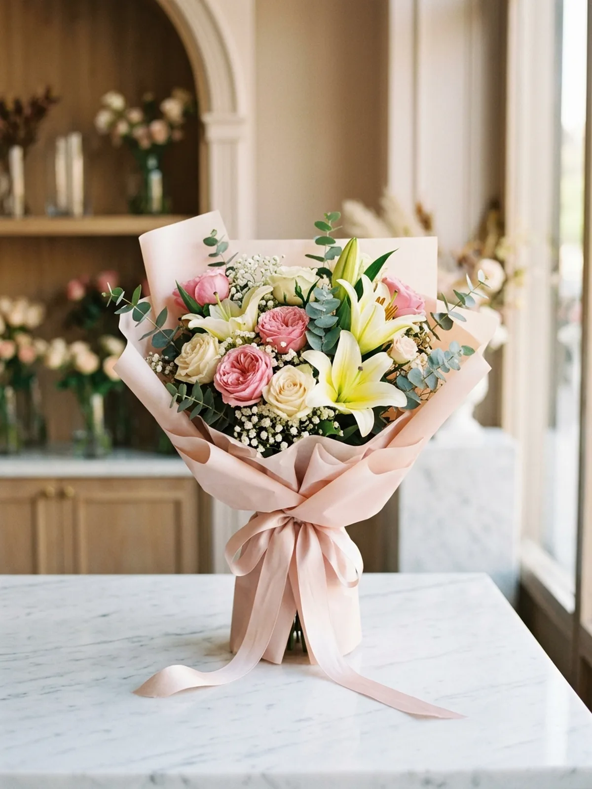 Pink and cream rose bouquet wrapped in blush paper