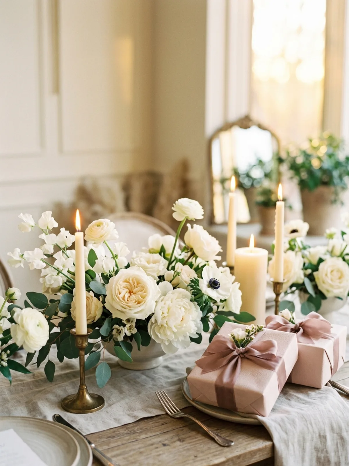 Candles, white flowers and blush gift boxes