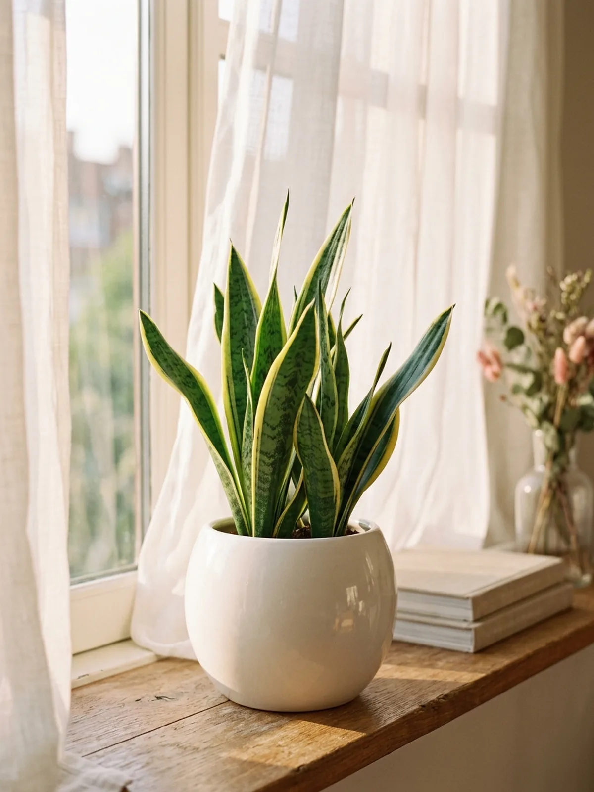 Snake plant in a round white ceramic pot by a window