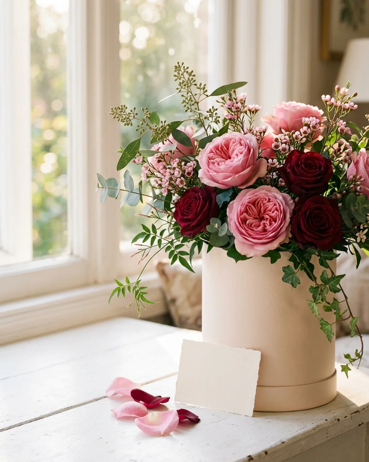 Pink roses arranged in a Bloom gift box on a sunlit windowsill, with a handwritten card